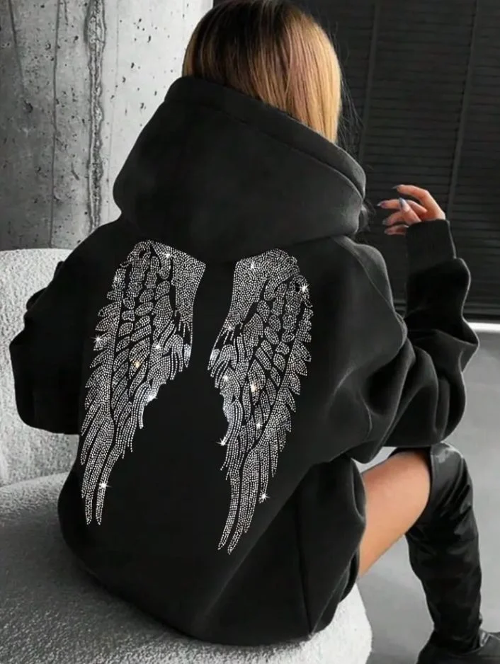 Sweat à capuche ailes d'ange à paillettes pour femmes, pull ample à manches longues, blanc, à la mode, Harajuku 2026, 2000