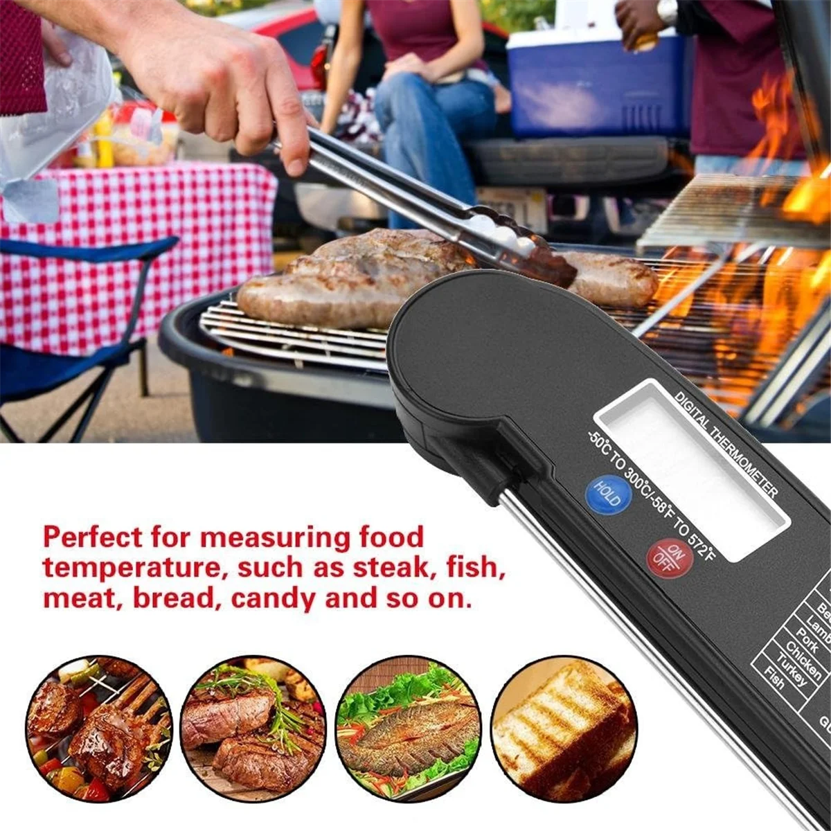 NEUES LCD-Digital-Lebensmittel-Fleischthermometer mit Klappsonde, Truthahnfisch, Rindfleisch, Küche, Kochen, Grillen, Temp-Tester