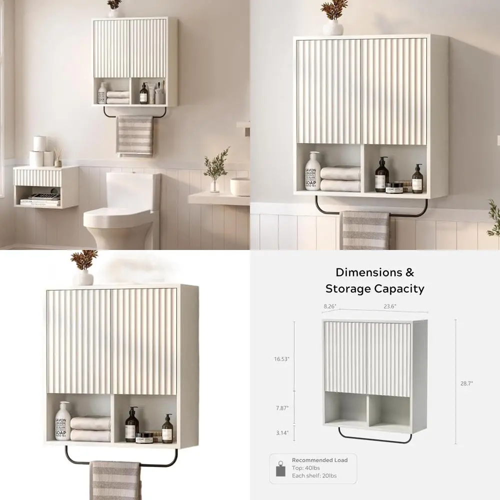 White Wall-Mounted Large Floating Cabinet with 2 Doors, Adjustable Shelf and Towel Bar for Bathroom, Kitchen or Laundry Room