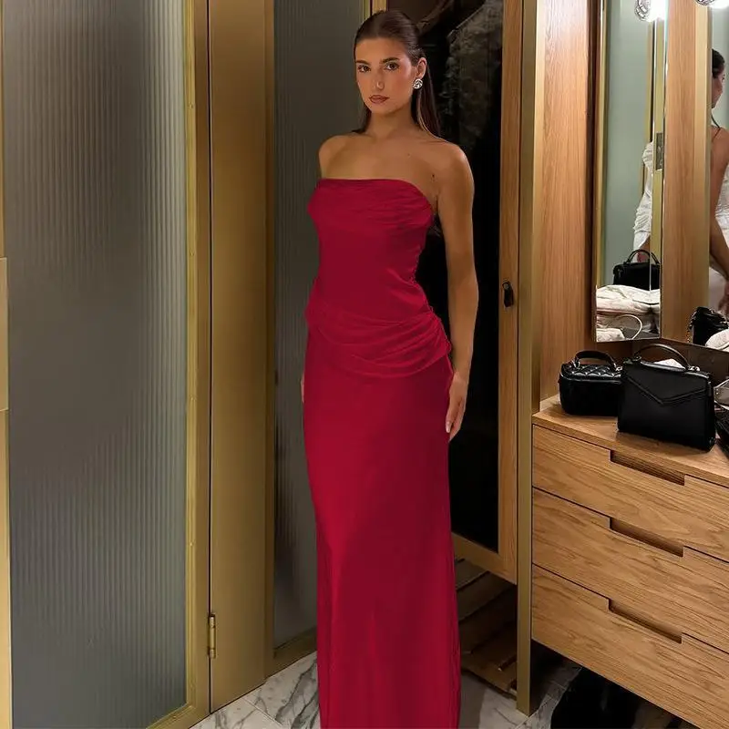 Summer 2025 New Women's Pure Color Aosphere Satin Folded Slim Fit Strapl Dr High Waist Wrap around Skirt 