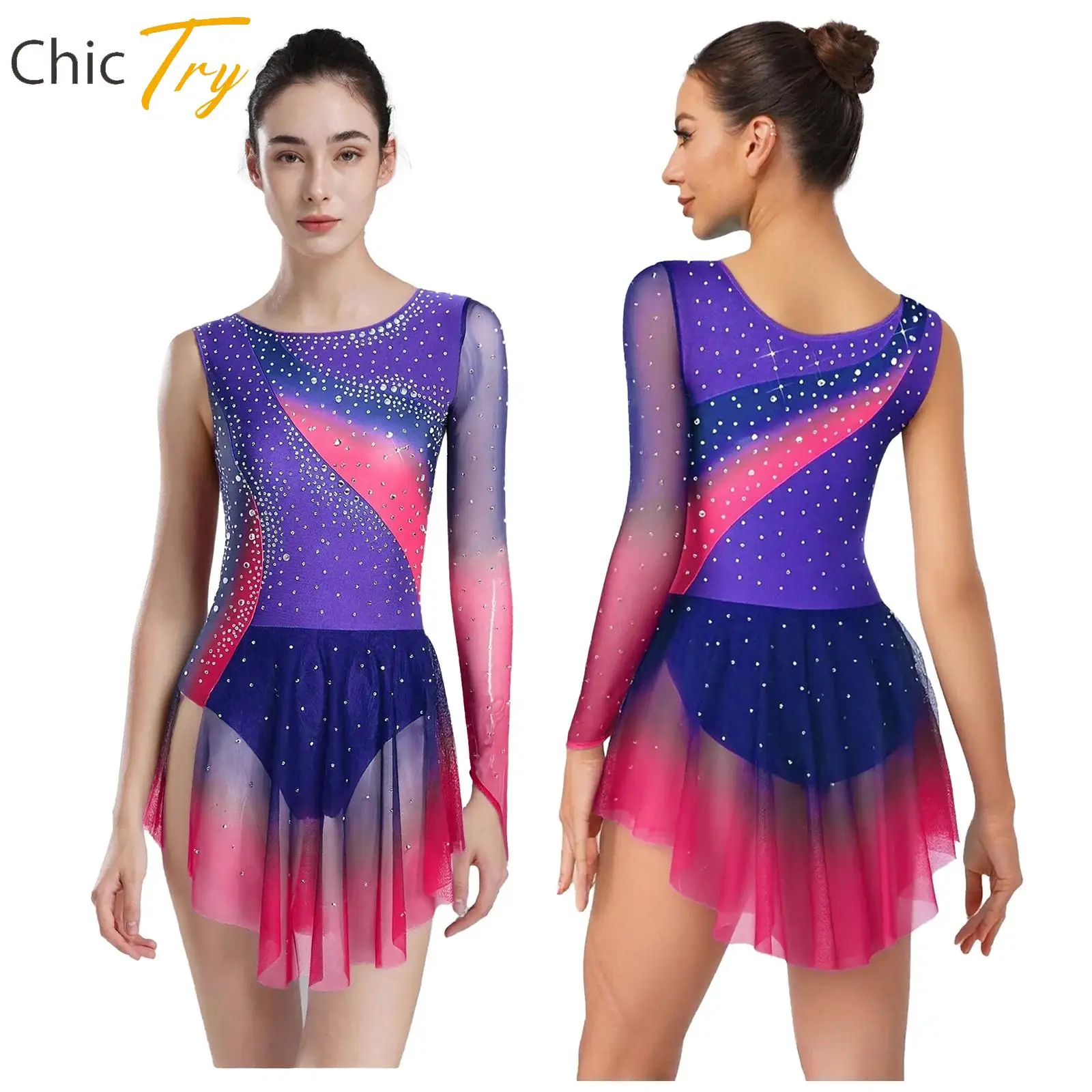 女性用新体操スカート付きレオタード-アスレチック-スケート-バレエ-パフォーマンス-ダンスウェア-長袖-光沢のあるラインストーン-メッシュドレス