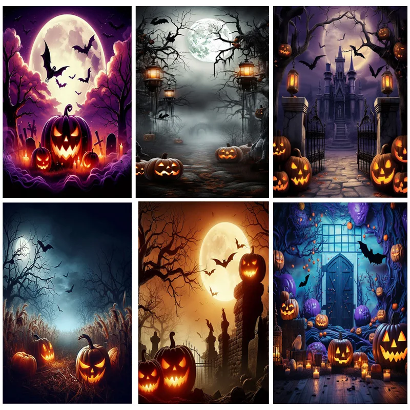 

Happy Halloween Party Backdrop Full Moon Scary Night Castle Graveyard Forest Bats Pumpkin Lantern Photography Background JS-4