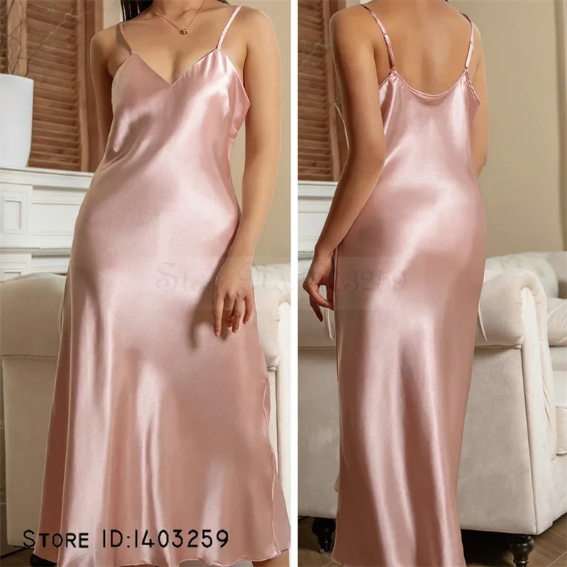 Sexy Suspender Nightdress Intimate Lingerie Female Long Nightgown Chemise Sleepwear Summer Women Satin Home Clothes Loungewear