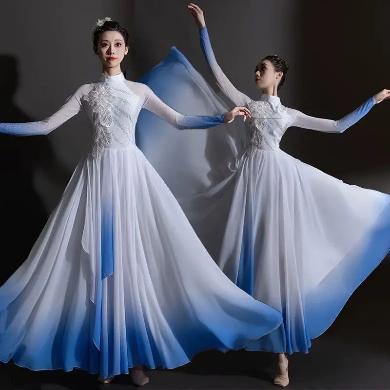 

Opening Dance Large Swing Skirt Performance Costume For Women, Elegant And Flowing Modern Blue Wanjiang Dance Costume, Song