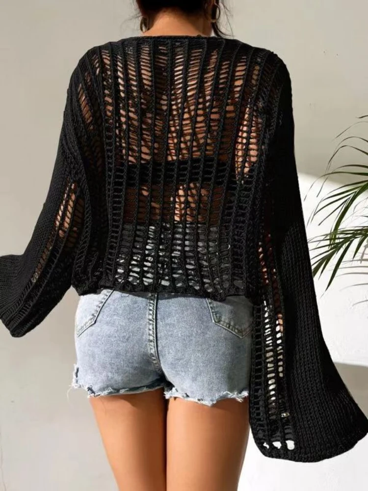 Y2k Clothes Trend Cutout Knit Sweater Flared Long Sleeves T-shirts Beach Smock Loose Cropped Tops Sexy T-shirt Jumpers Sweaters