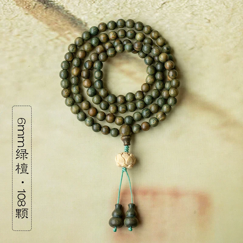 Natural Green Sandalwood Beads Necklace Men Women Buddhist 108 Beads Meditation Prayer Malas Rosary Fragrant Bracelet 6/8/10mm