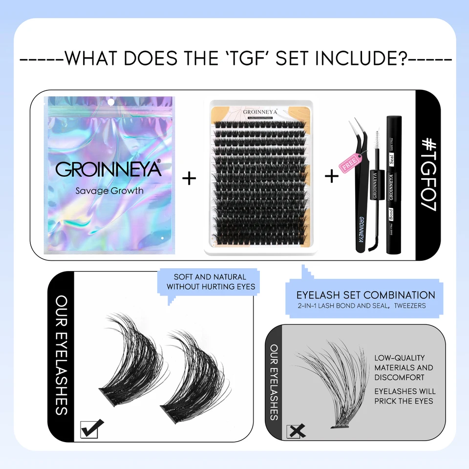 Kit de racimos de pestañas GROINNEYA con fijación fuerte resistente al agua, kit de extensiones de pestañas DIY con adhesivo y sellador y pinzas para pestañas 4