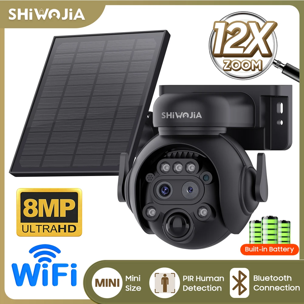 

SHIWOJIA 8MP Solar Panel Camera 4G SIM 12X ZOOM WIFI Wireless Outdoor 4K 360° View Battery Powered Security Cameras Night Vision