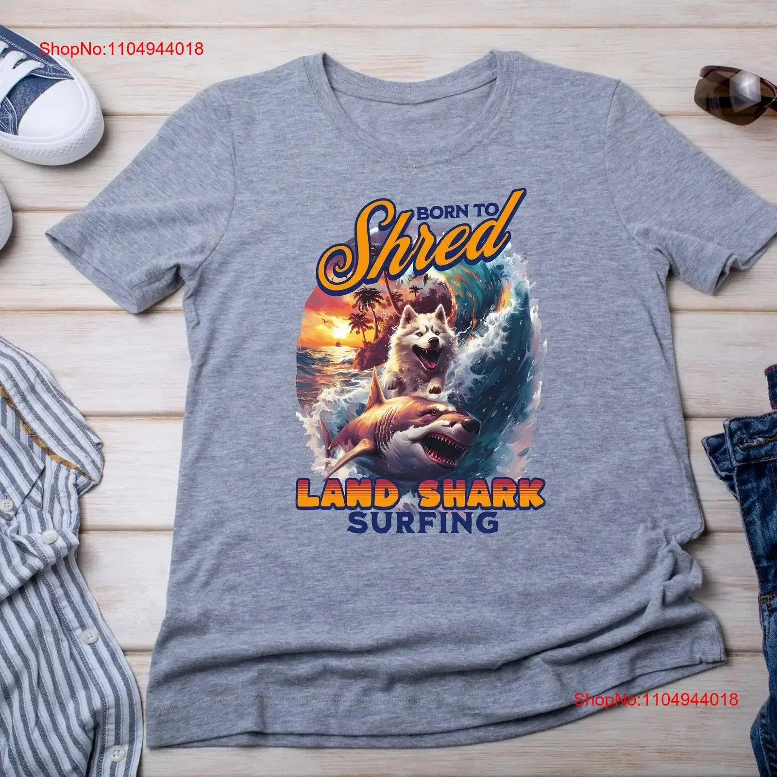 

Стилизованная футболка с сибирским хаски Born to Shred верхом на акуле с вбивными волнами, винтажная, универсальная, растянутая, дышащая