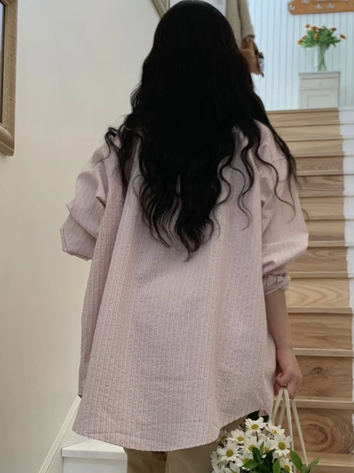 

Young Sweet Pink Striped irt Dongda Gate Свободная женская верхняя одежда Long Sve Защитный солнцезащитный топ средней длины Faion Spring