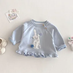 New Spring Girls Cute Hoodie 0-5T Flower Bunny Embroidery Childrenโs Pullover Baby Kids O-Neck Loose Outwear Tops