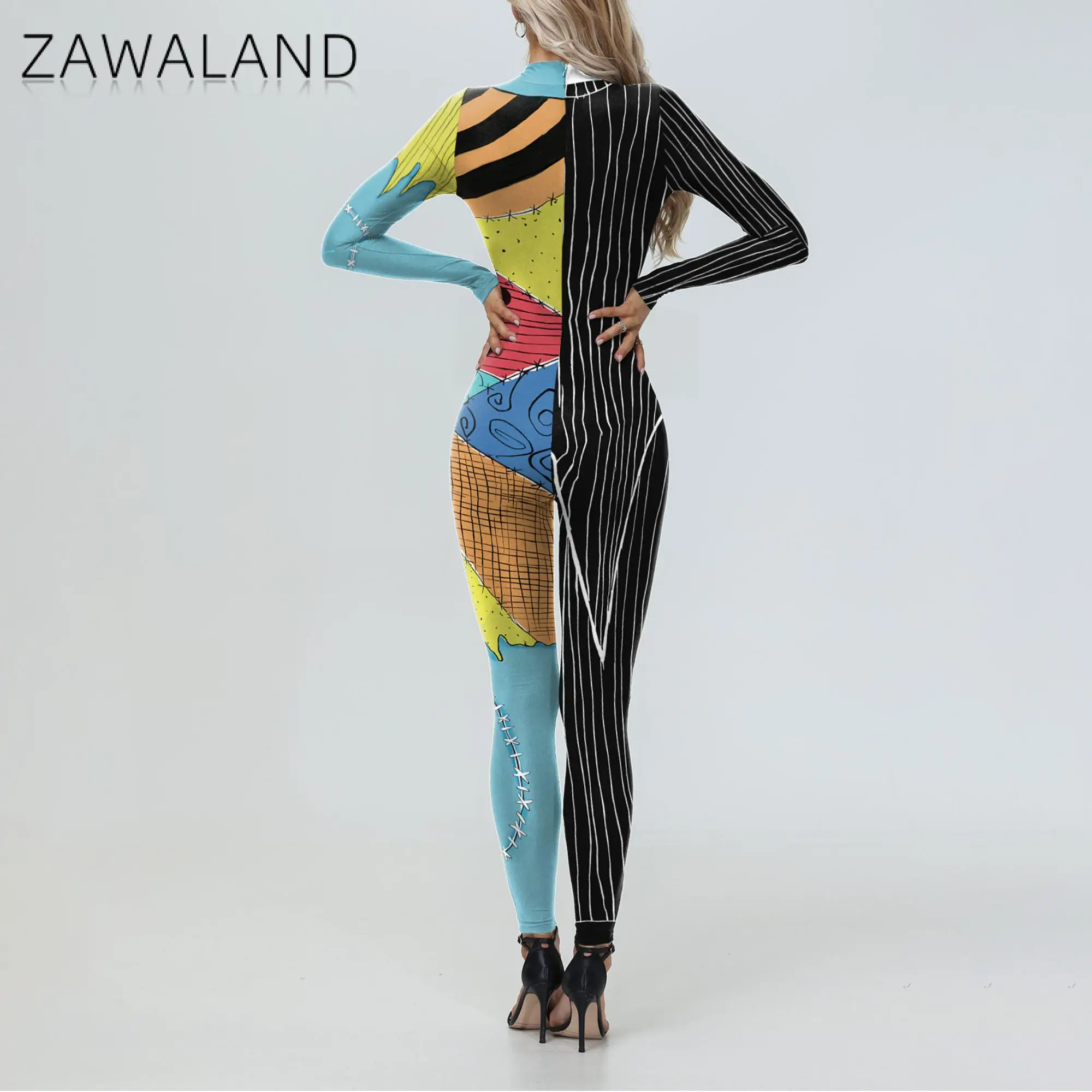 Sally Patchwork Cosplay Costume Women Halloween Jumpsuit Fancy Zentai Bodysuits Holiday Disguise Catsuit Festival Party Outfits