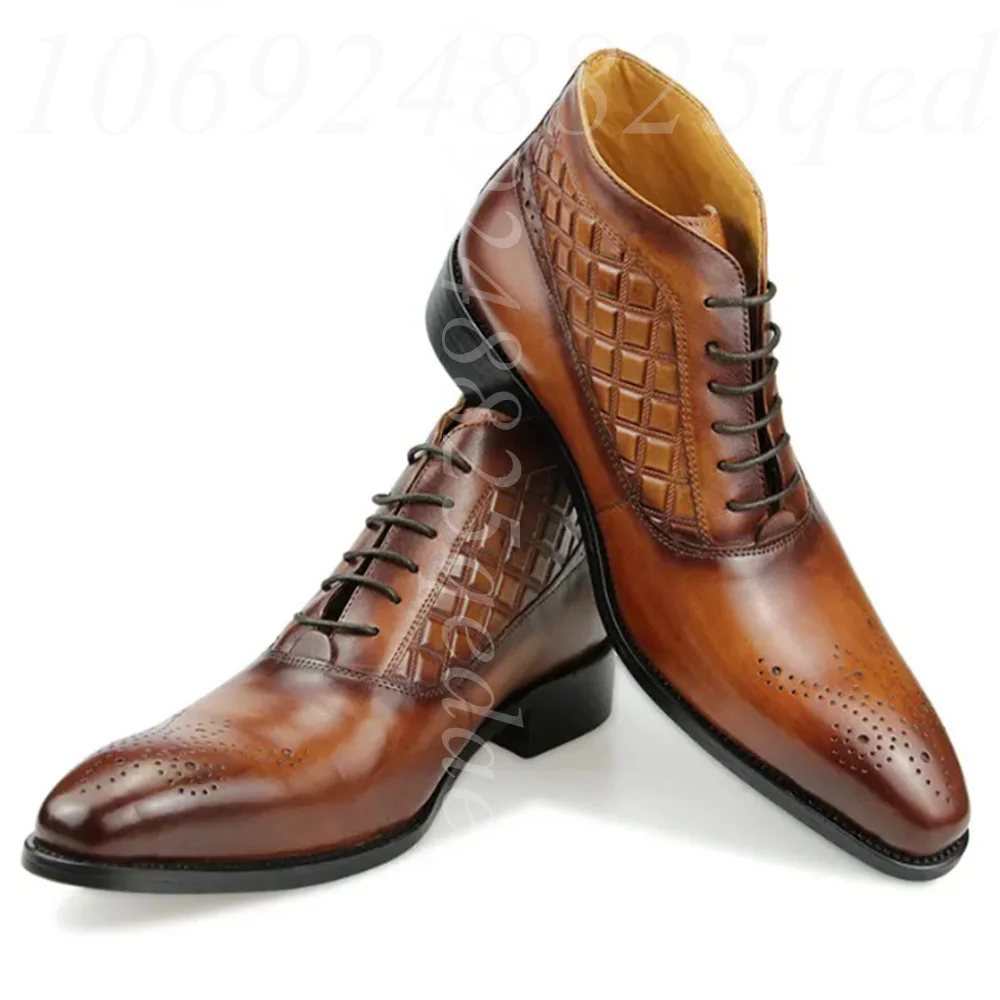 

Men's Handcrafted Brown & Black Leather Wingtip Ankle Boots - Luxury Quilted Brogue Lace-Up Formal Dress Fashion Shoes for Men