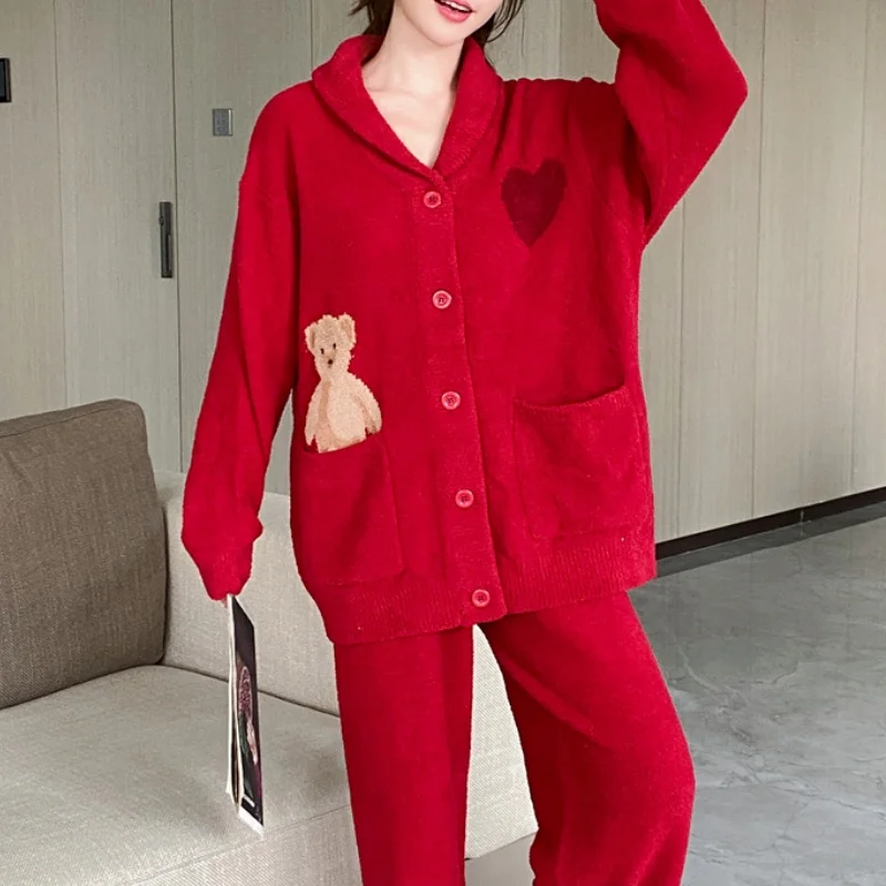 

Pajama Sets Long Sleeve Women Winter Rose Fitted Sleepwear Double Layer Insulation Loungewear Tie Front Sleeved Ankle Length Ins