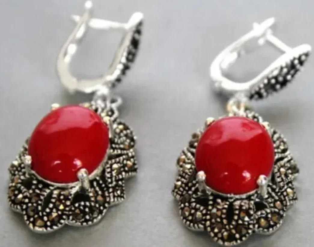 New Jewelry Earring  Silver Red Coral Marcasite Dangle Hook Earrings