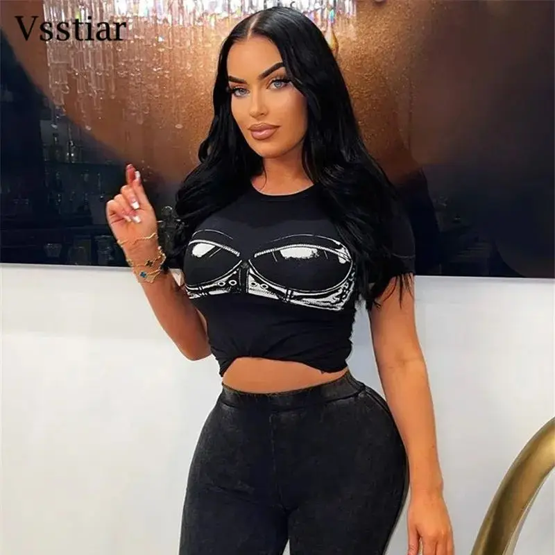 

Vsstiar New Fashion Streetwear Women Shirts O Neck Short Sleeve Printed Casual Clothes Black White Summer Y2K T-Shirt Dropship