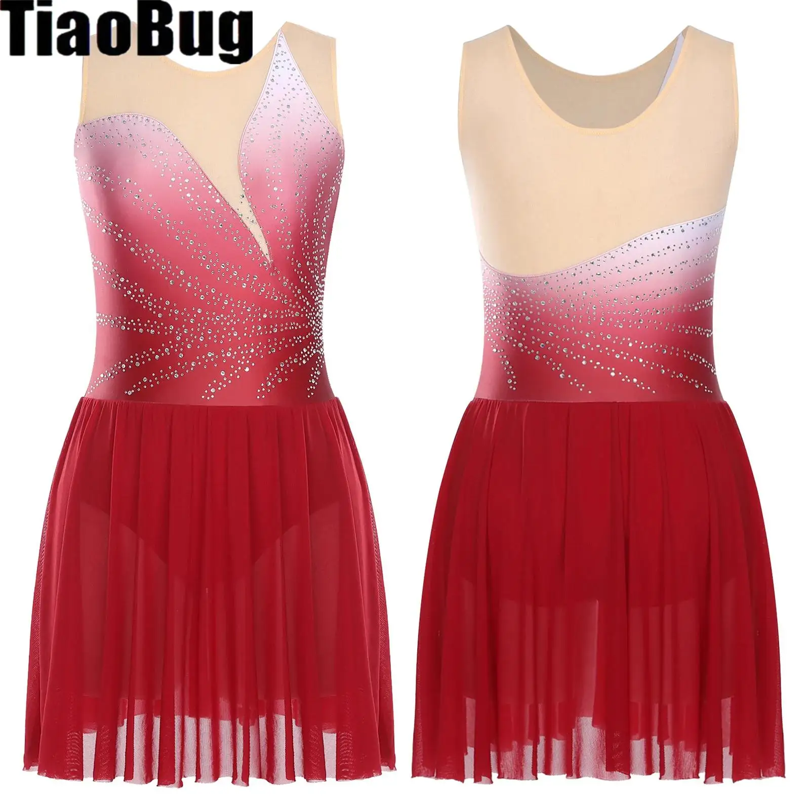 

Women Figure Skating Leotard Dress Rhinestones Mesh Sleeveless Gymnastics Ballet Lyrical Dance Dress Competition Performances