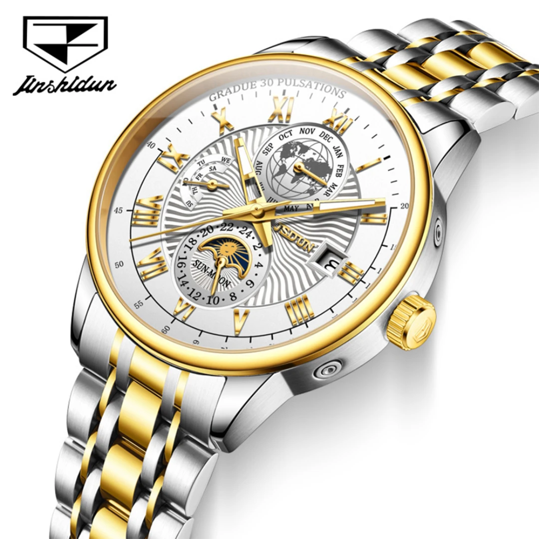 

JSDUN 8909 Механические модные часы в подарок с круглым циферблатом из нержавеющей стали, ремешок для часов, наручные часы с календарем, светящиеся маленькие секунды