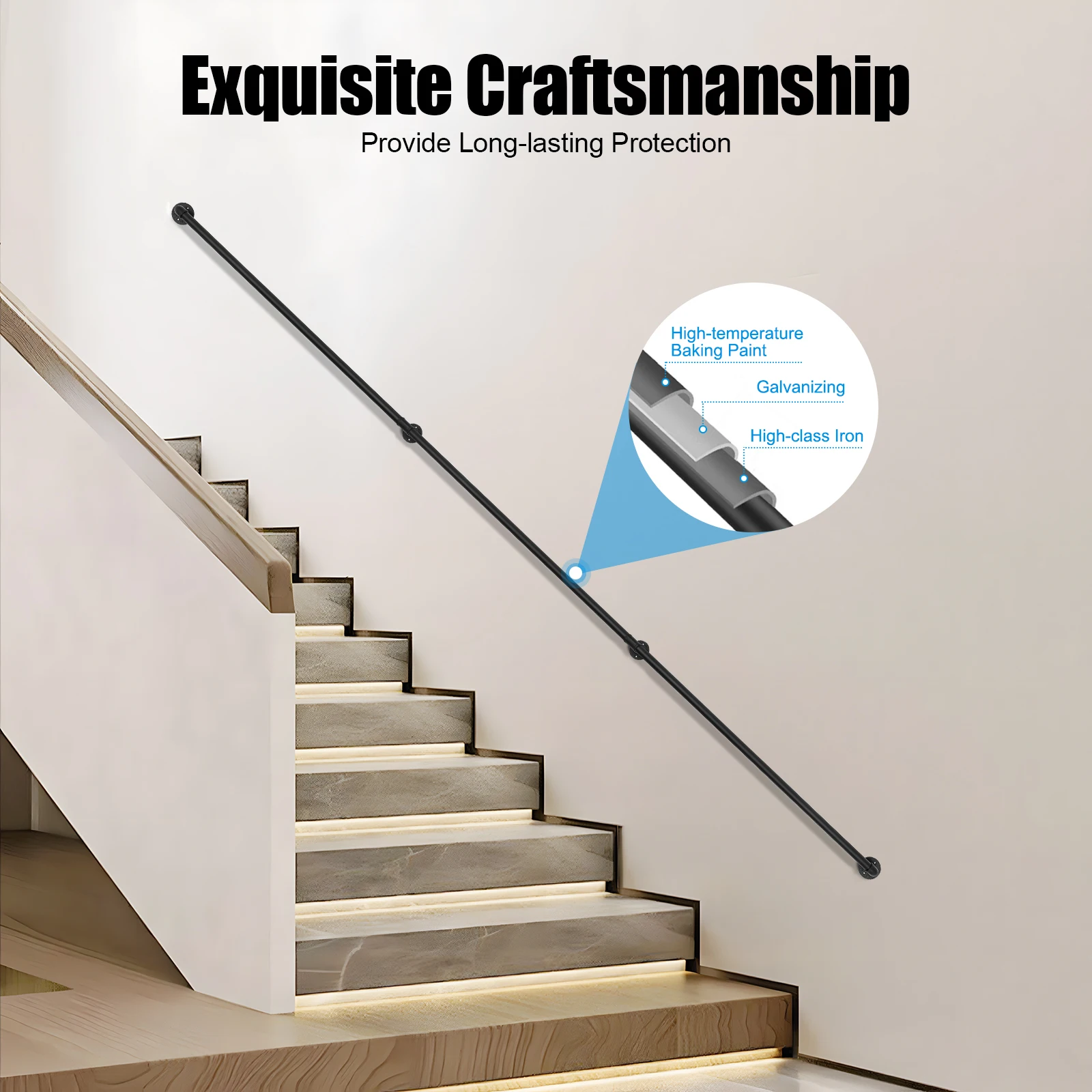 Stair Handrail, 12 Feet Handrails for Stairs, Galvanized Industrial Pipe Railing Indoor Pipe Handrail with Wall Mount Support