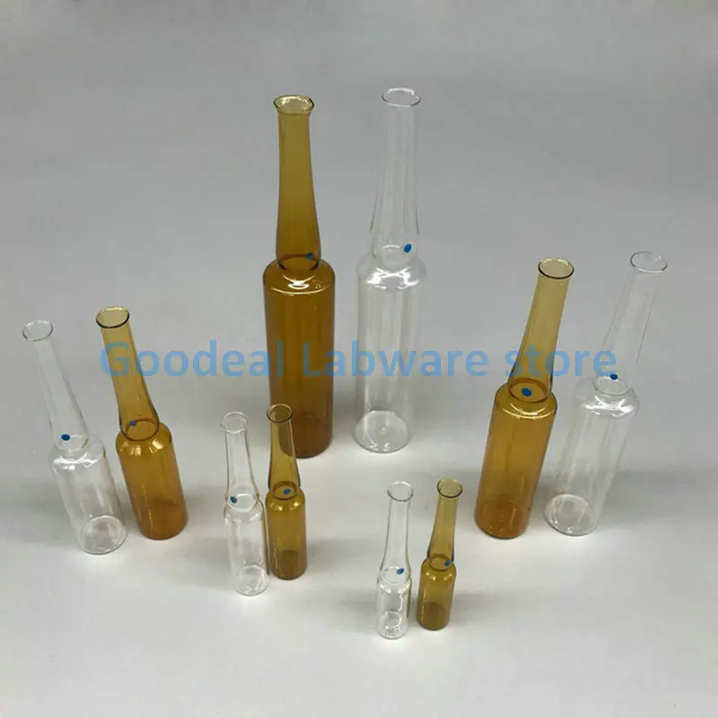 20/30/50/100pcs Lab Clear/Brown Glass Curved Neck 1/2/5/10/20ml Ampoule Bottle, Injection Bottle Used To Hold Liquid Medicine