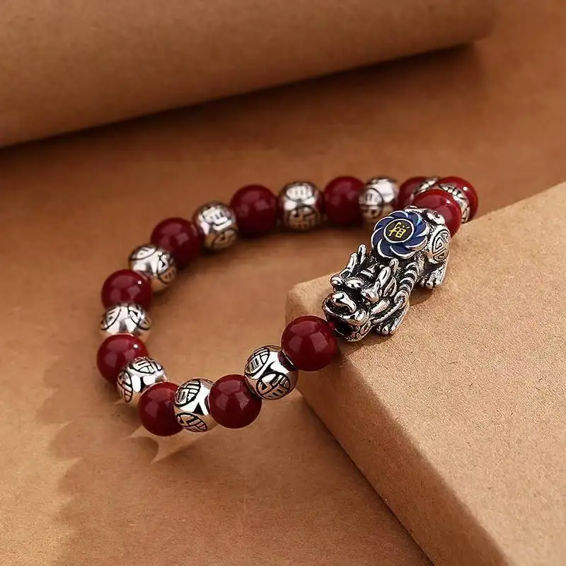 New 925 Silver Pixiu Vermilion Bracelet for Men and Women, Beaded Bracelet for Wealth and Fortune