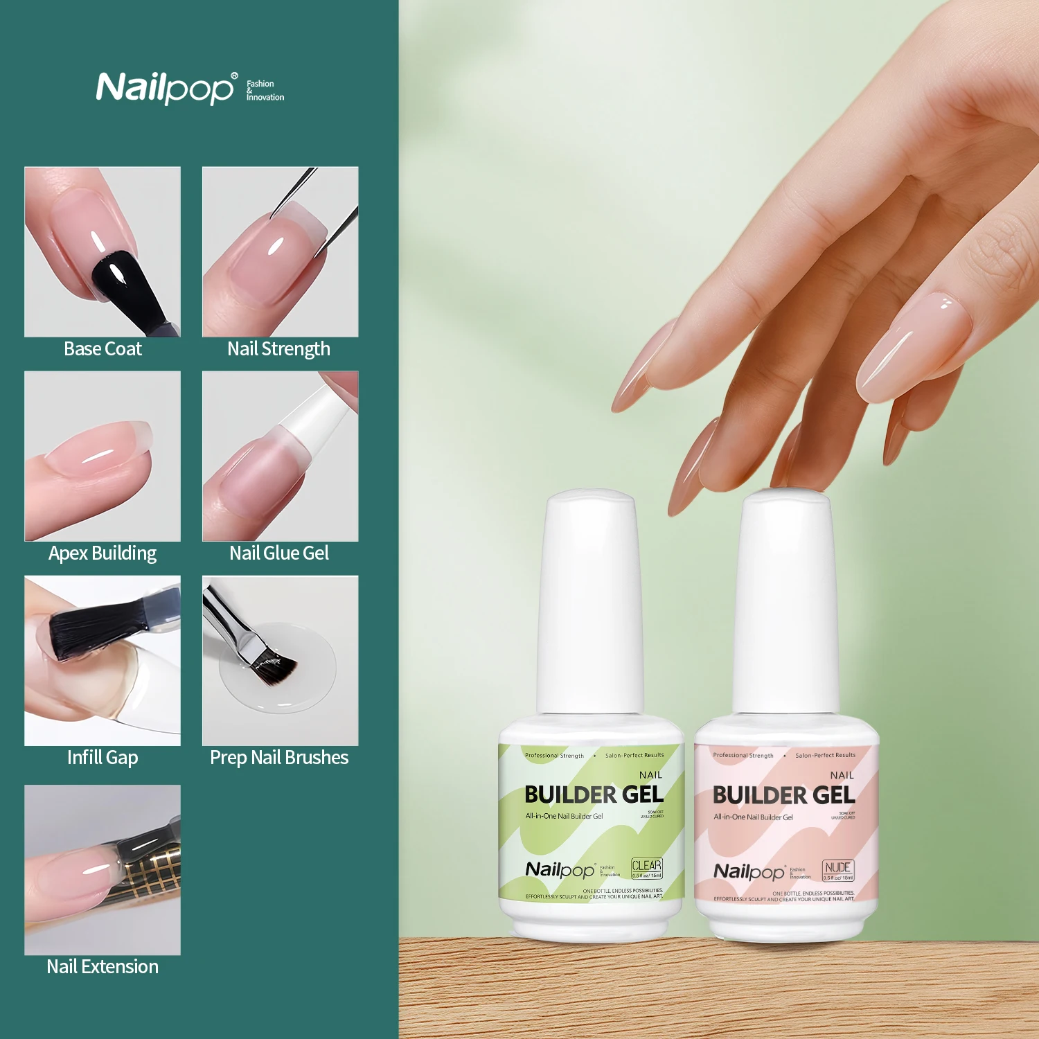 

Nailpop 7-в-1 Builder Гель для ногтей Гель-лак для быстрого наращивания Прозрачный белый розовый телесный 15 мл Усиление и наращивание кончиков ногтей