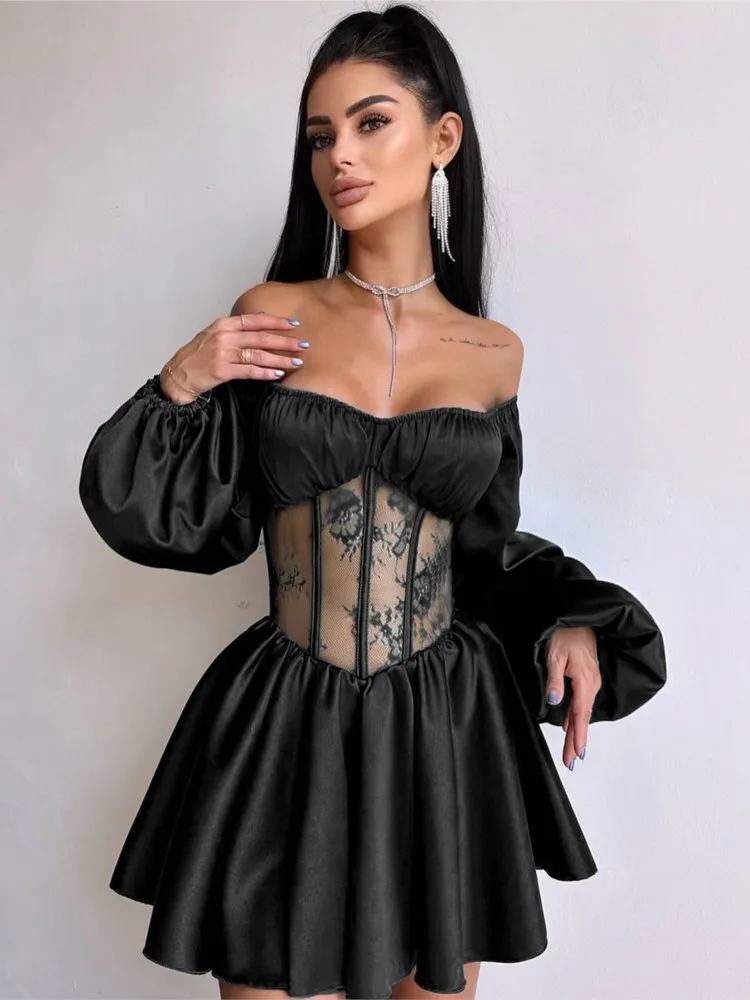 Autunno Y2k Abiti da donna Sexy Club Abito aderente in pizzo nero Manica lunga con scollo a V Mini abito Party Club Abiti da sera 2025