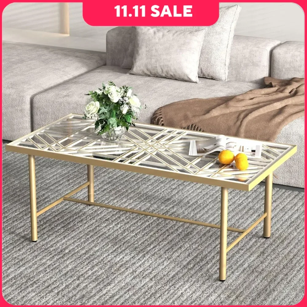 

Rectangular Glass Coffee Table, Modern Coffee Table with 3D Hollowed Out Carved Wooden Board, Living Room Gold Coffee Table