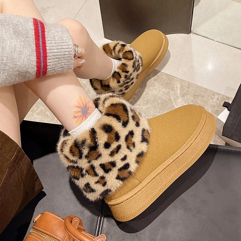 Botas de neve de pelúcia curta com estampa leopardo para mulheres, sola grossa, antiderrapante quente, cabeça redonda, moda, inverno, novo