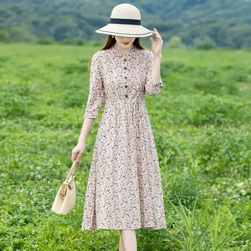 

High-end Chiffon Dress Women's 2022 New Spring and Autumn Dress Was Thin Three-Quarter Sleeve French Female Small Floral Skirt W