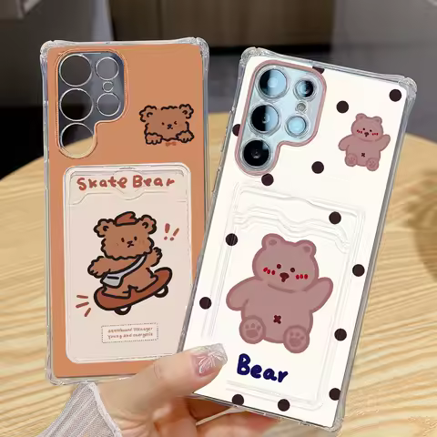 Cute Bear Card Slot Holder Phone Case For Samsung S24 FE A54 A55 A34 A52 A33 A35 A06 A16 A15 A14 S24 Ultra S22 S23 Ultra Cover