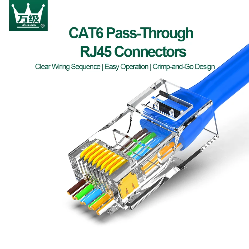 Разъемы WANJEED CAT6 Pass Through RJ45, обжимные штекеры 8P8C с позолоченными контактами Trident для кабелей Gigabit Ethernet