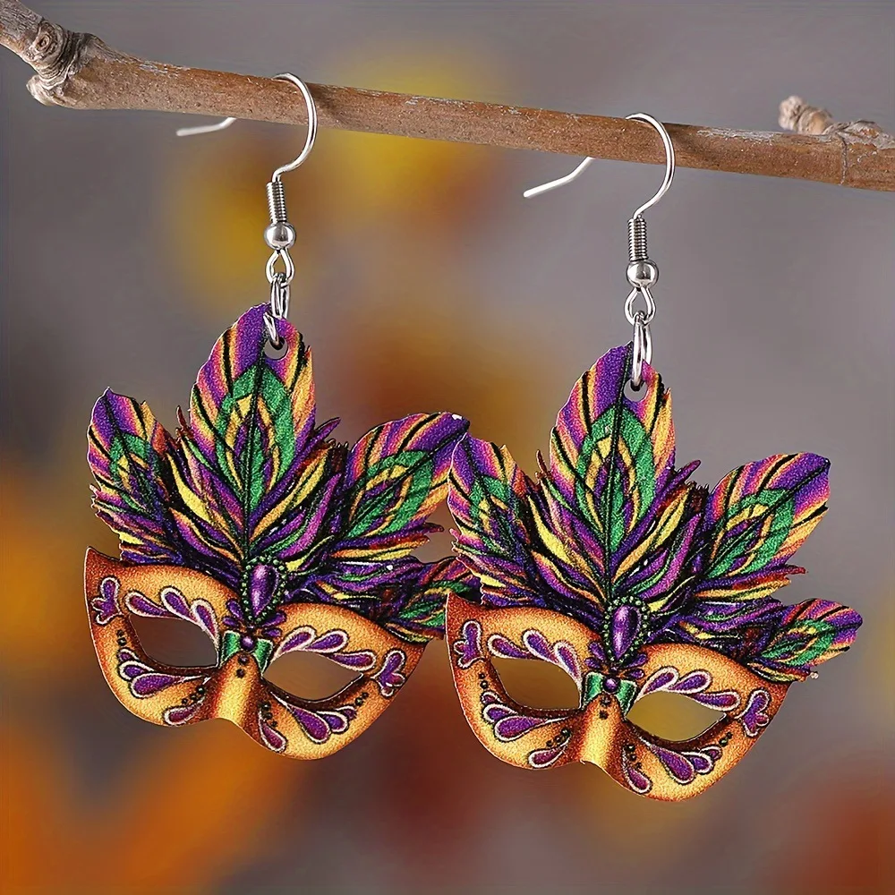 Mardi Gras Mask Design Drop Earrings Party Cartoon Style Wooden Jewelry Carnival Female Ear Ornaments Mardi Gras Mask Earrings