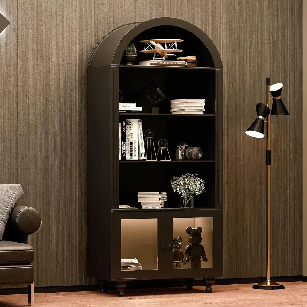 Wooden Arched Display Storage Cabinet with Glass Door, LED Lights,Showcase or Collections, Perume, Vinyl Albums, Bookcase or Hom view 6