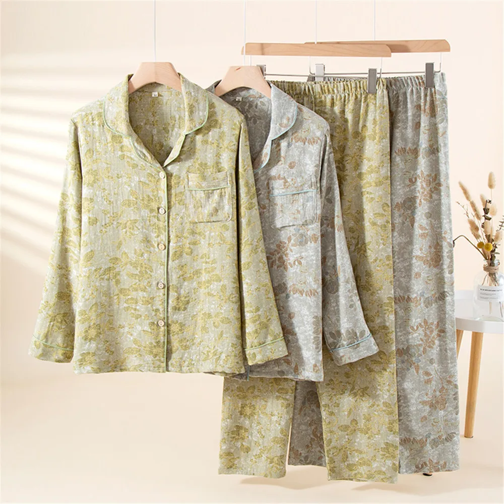 

Cotton Gauze Print Floral Women Pajamas Spring Autumn Sleepwear Female 2 Piece Set Nightwear Lady Pyjamas Loungewear