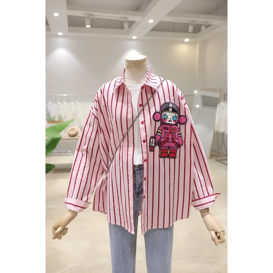 Exquisite Woven Embroidery Cartoon Girls\' Striped Shirt 2024 Spring Autumn Loose Slimming Cotton Long-Sleeved Shirt for Women