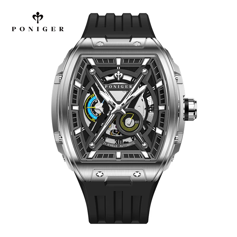 Poniger Men's Watch Tonneau Square Analog Sports Stainless Steel Luxury Luminous with Rubber Band