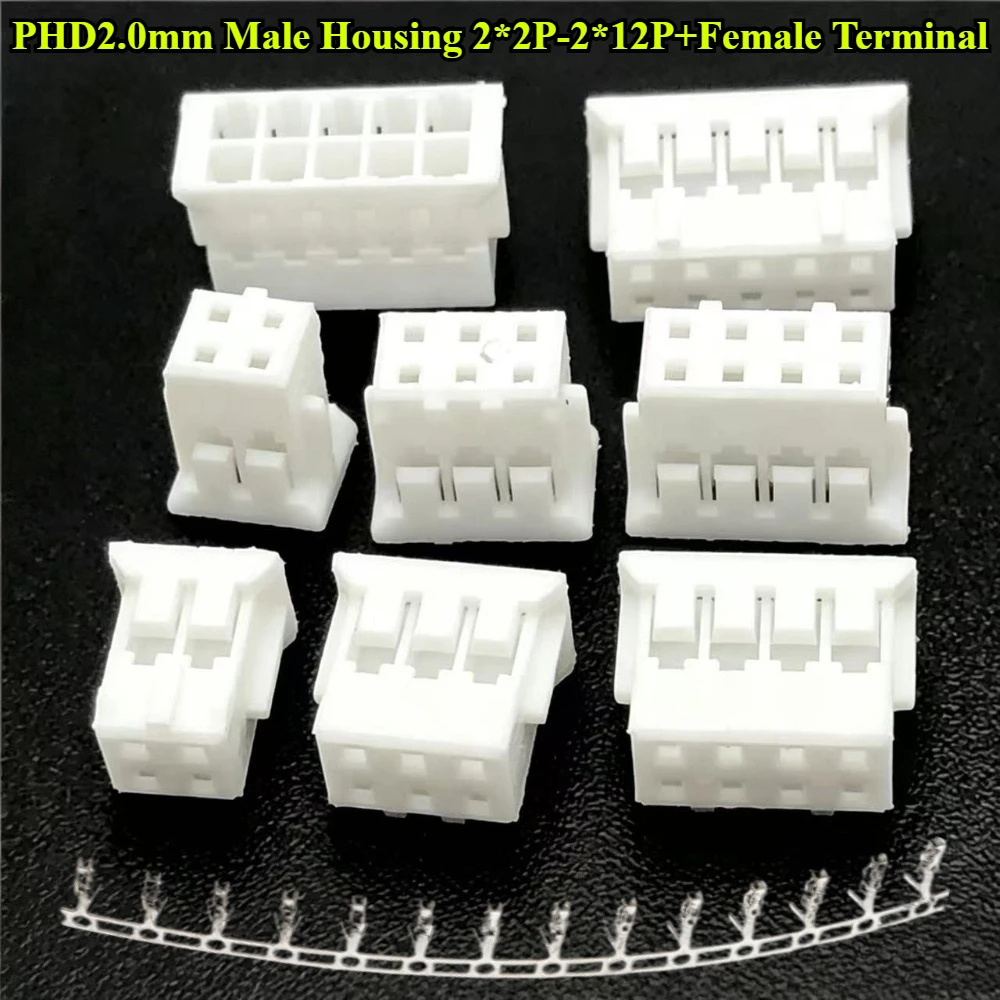 PHD 2.0mm Pitch Double Row Male Housing 2x2P 2x3P 2x4P 2x5P 2x6P 2x7P 2x8P 2x9P 2x10P 2X11P 2X12P Crimp Terminal Connector