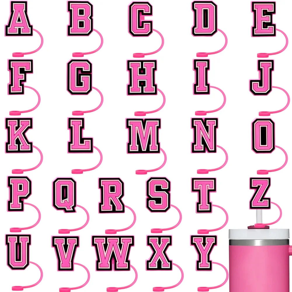 

10mm Pink Letter Straw Cover Caps 1PCS Accessories For Cups,Soft Silicone Alphabet Straw Topper Drinkware,Dustproof Straw Caps