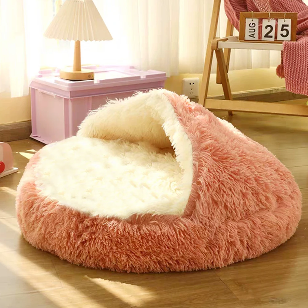 Long Plush Pet Cat Bed Round Cat Cushion Kitten Basket Nest Kennel For Small Dog Cat Supplies House Cats Goods Products Cushions