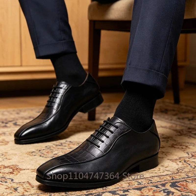 Designer Fashion Cow Leather Splicing Crocodile Pattern Dress Leather Shoes Men's Square Toe Business Oxfords Genuine Leather