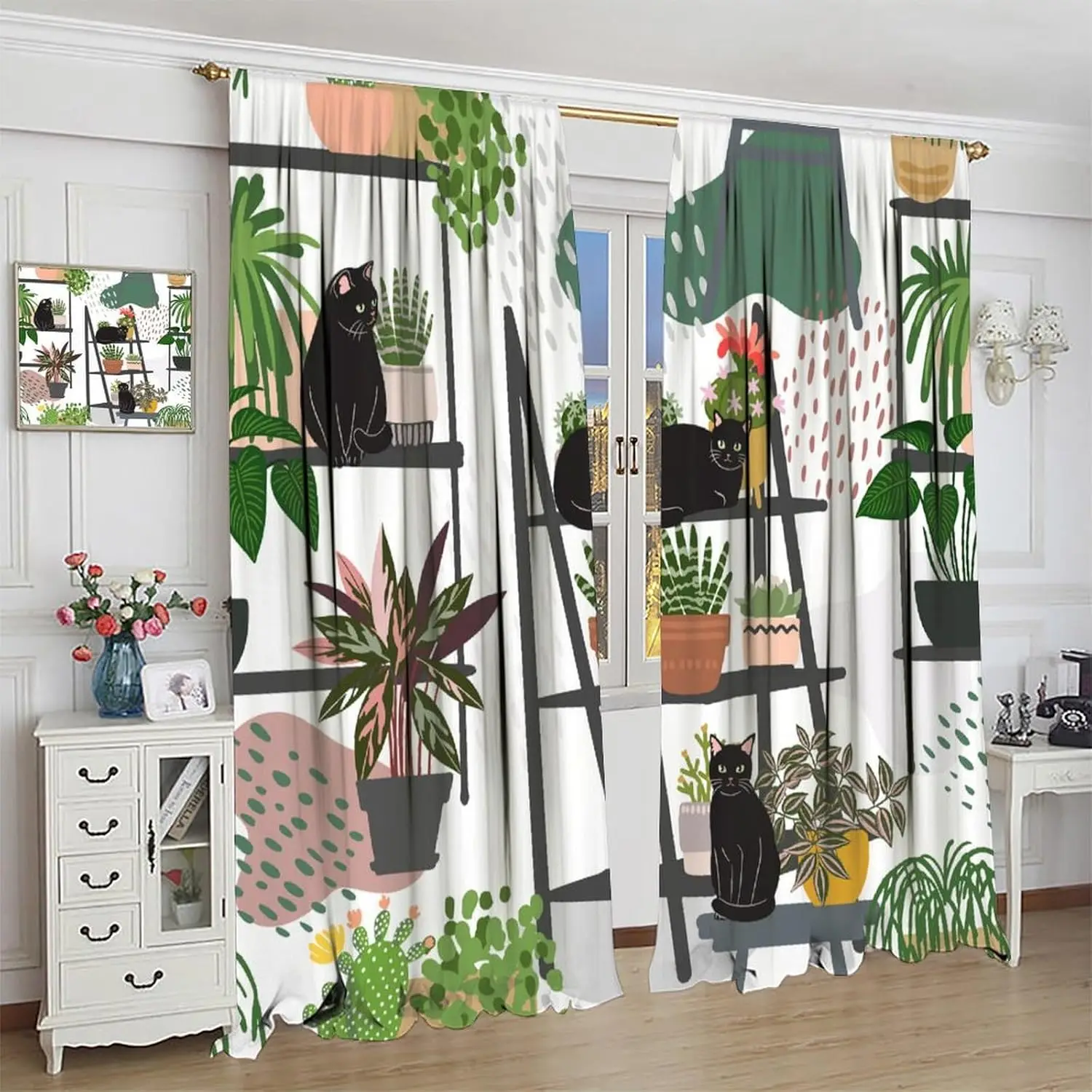 Plants Cat Curtains, Black Kitty Kids Curtain Boho Potted Cactus Botanical Abstract Greenhouses Garden Cartoon Animal Window