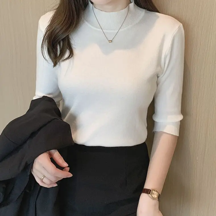 Half-high Neck Base Shirt Women\'s Spring Summer Inner Layer Mid-sleeve Slim Knit Sweater Top Half Sleeve Thin Sweater