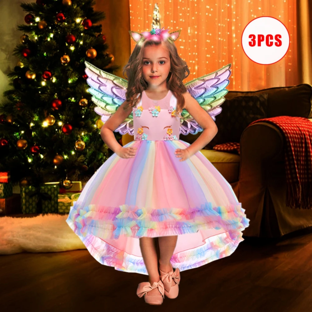 Rainbow Unicorn Party Dress For Girls Clothes Vestido Colorful Unicorns Lace Birthday Wedding Princess Dresses Prom Girl Costume