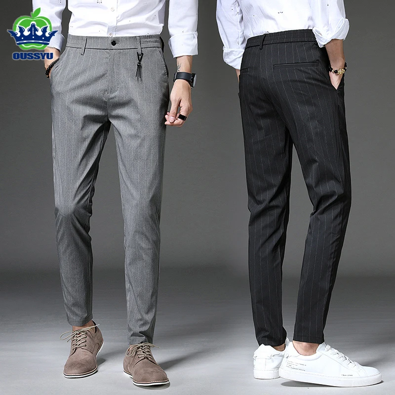 

OUSSYU Brand New Classic Men Business Pants Stripe Dress Fit Thin Trousers Office Casual Black Grey Formal Pants Men Suit Pant