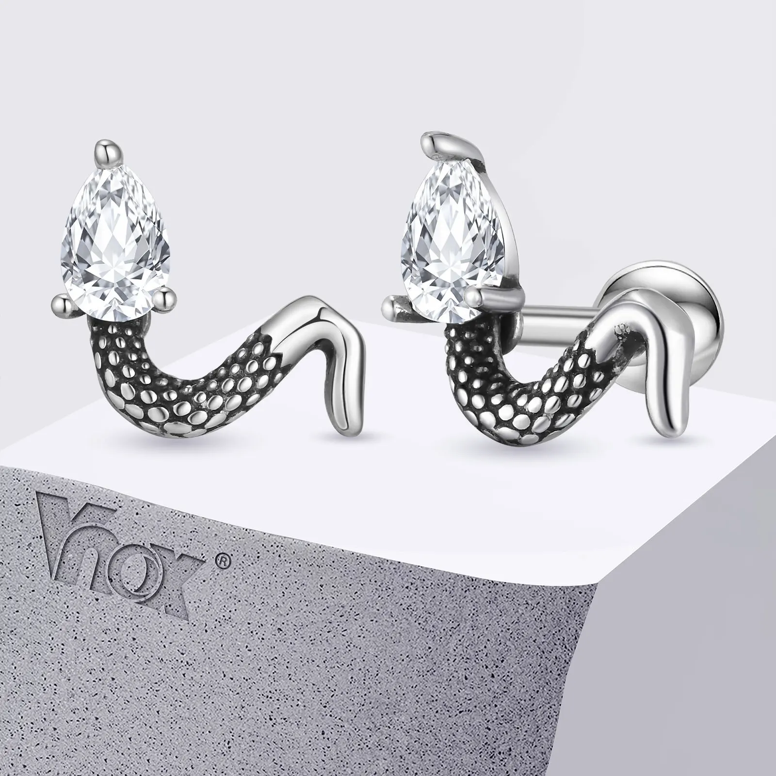 Vnox Stainless Steel Zircon Snake Earrings for Men Women, Vintage Hypoallergenic Punk Jewelry Gift, Small Snake Stud Earrings