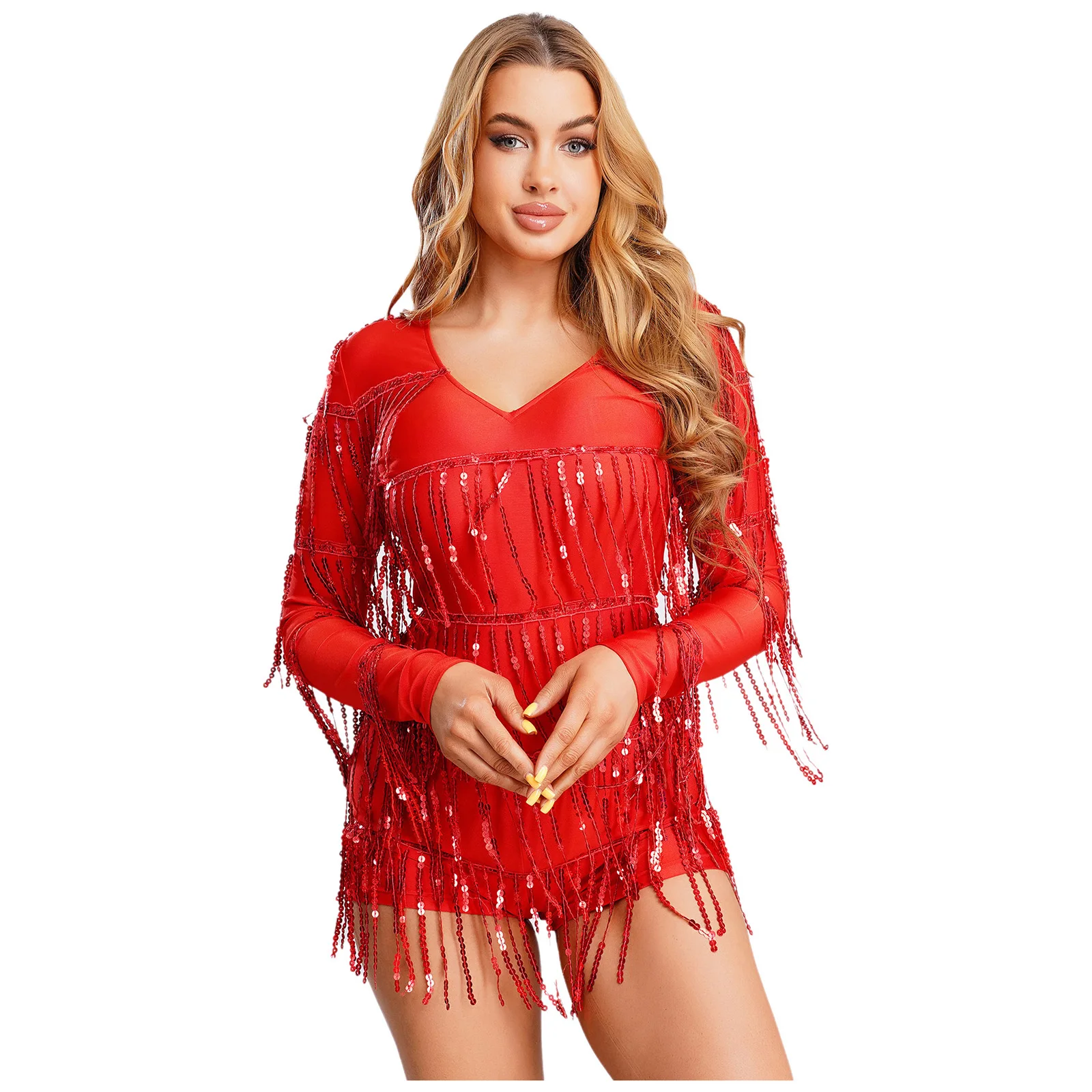 بدلة قفز نسائية متدرجة بشراشيب للأولاد من الأسفل لقاعة الرقص التانغو تشا تشا رومبا بدلة قطعة واحدة للرقص اللامع #2