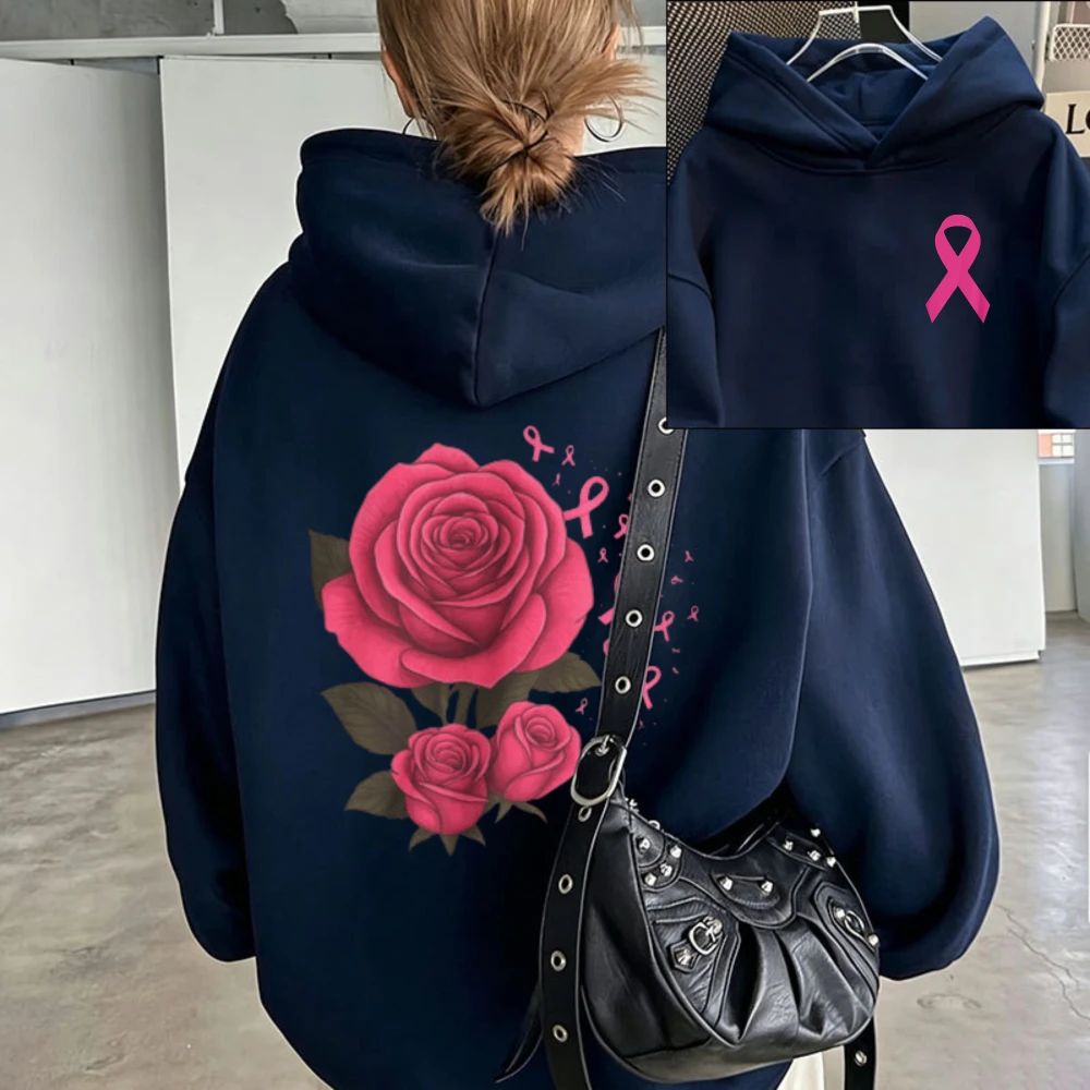 Maroon Oversized Sweatshirt hoody Floral Pink Rose Breast Cancer Ribbon Print Front Pocket Pullover Hooded Casual Long Sleeve