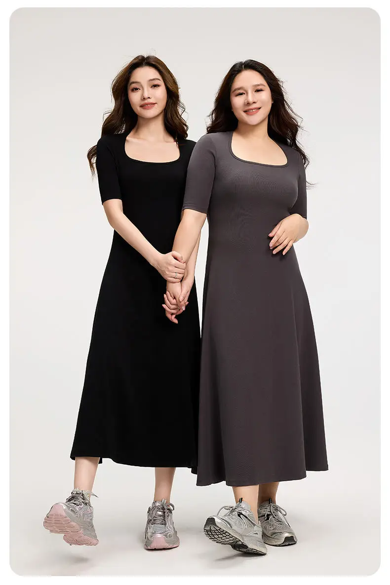 Slim Lyocell Cotton Tee Dress Short Sleeve Horseshoe Neck A Line Midi T Shirt Dresses