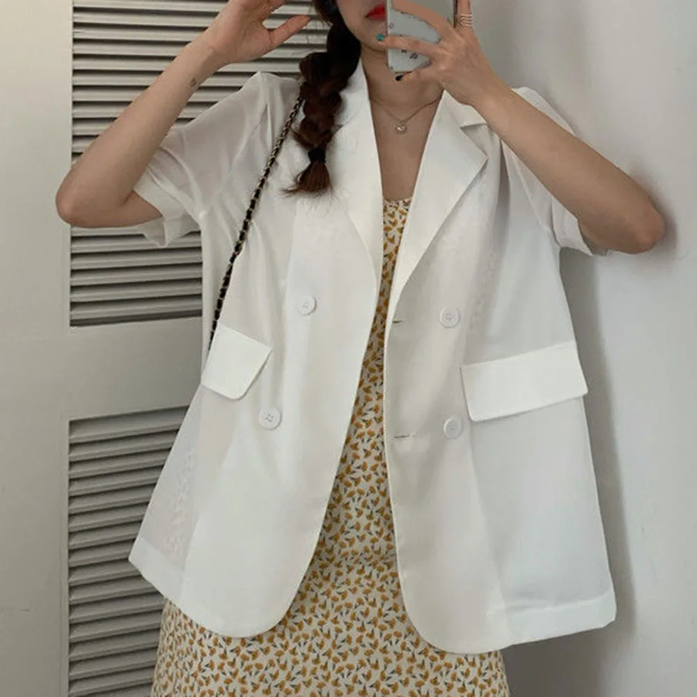 

Fashionable Simple Street Blazers Women Loose Jacket Female Tops Loose Short Sleeve Single Breasted Turndown Collar